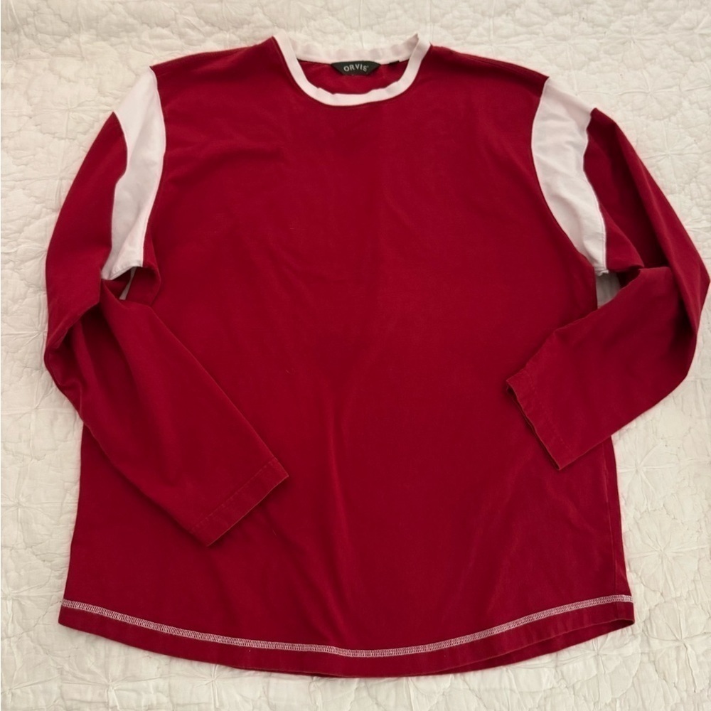 Orvis Long Sleeve Shirt Medium weight Cotton. Size L Red/Off white